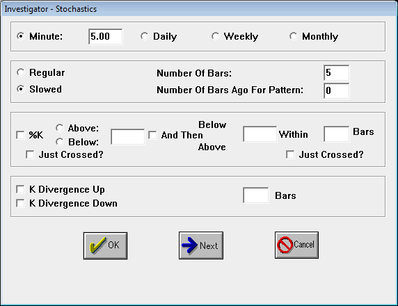 Stochastics Testing Dialog Box 1